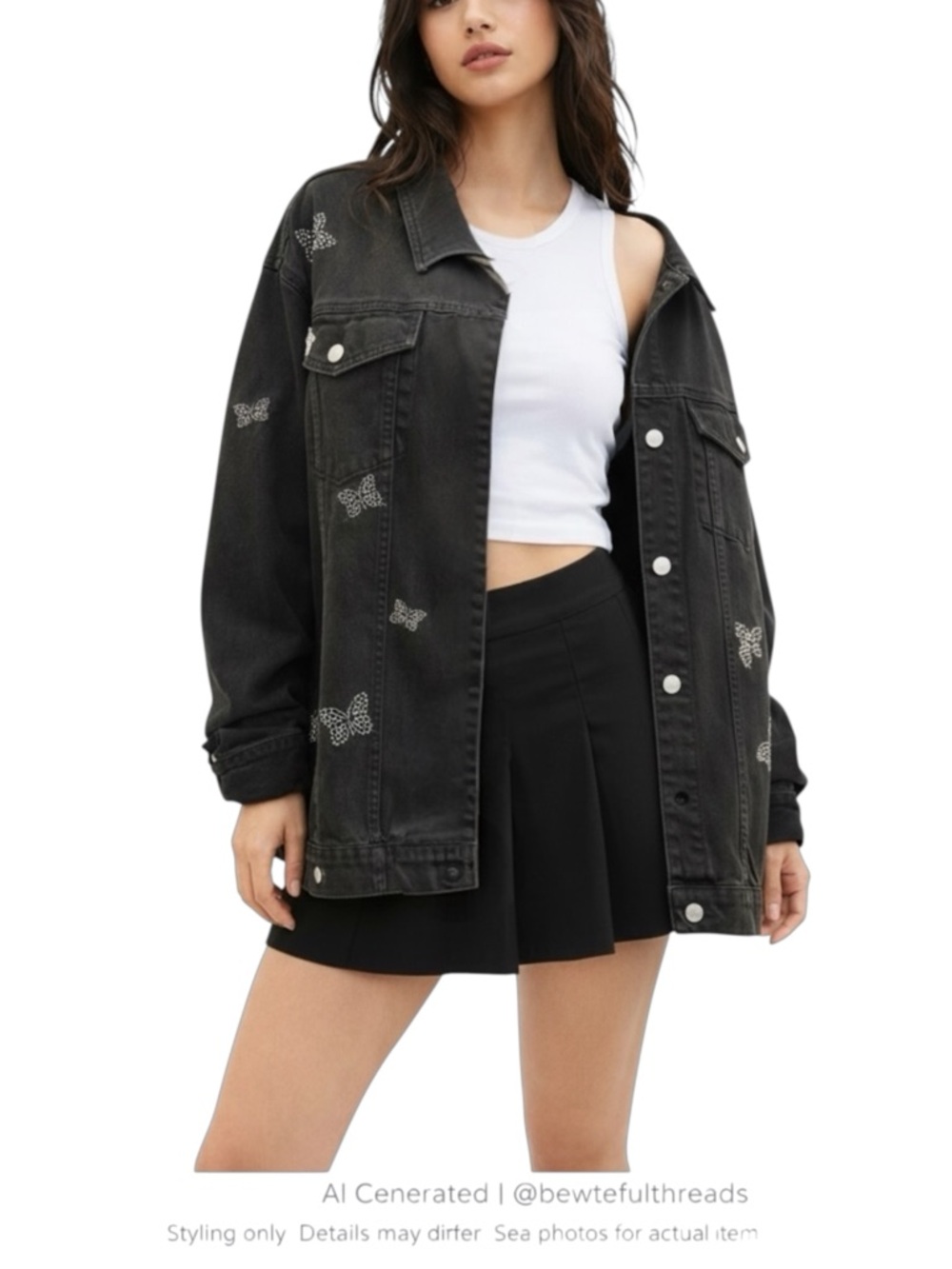Quacker Factory Vintage 2X Black Rhinestone Butterfly Denim Jacket Plus Size